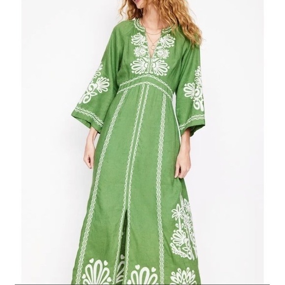 Boden Dresses & Skirts - Boden Una Linen Embroidered Maxi Dress US Sz 6 R Green Embroidered Pockets
